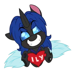 Size: 1902x1947 | Tagged: safe, artist:nekro-led, derpibooru import, oc, oc:swift dawn, unofficial characters only, changeling, pony, blue changeling, blue eyes, changeling oc, commission, eyebrows visible through hair, fangs, head tilt, heart, looking at you, simple background, smiling, transparent background, ych result