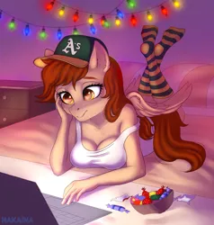 Size: 1900x2000 | Tagged: anthro, artist:hakaina, baseball cap, bed, breasts, candy, cap, clothes, computer, derpibooru import, dim room, food, hat, laptop computer, oakland athletics, oc, oc:vanilla creame, pegasus, relaxing, safe, socks, solo, striped socks, tanktop, unofficial characters only