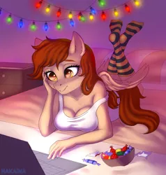 Size: 1900x2000 | Tagged: alternate version, anthro, artist:hakaina, bed, candy, clothes, computer, derpibooru import, dim room, drawer, food, laptop computer, lights, oc, oc:vanilla creame, pegasus, relaxing, safe, socks, striped socks, unofficial characters only