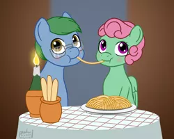 Size: 1000x800 | Tagged: safe, artist:phallen1, derpibooru import, oc, oc:software patch, oc:windcatcher, unofficial characters only, earth pony, pegasus, pony, atg 2020, blushing, breadsticks, candle, cute, food, glasses, lady and the tramp, newbie artist training grounds, parody, pasta, scene parody, spaghetti, tablecloth, windpatch
