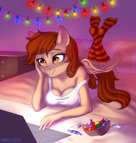 Size: 1900x2000 | Tagged: anthro, artist:hakaina, bed, bowl, candy, clothes, computer, derpibooru import, dim room, drawer, food, laptop computer, laying on bed, lights, oc, oc:vanilla creame, on bed, pegasus, relaxing, safe, socks, striped socks, unofficial characters only