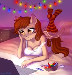 Size: 1900x2000 | Tagged: anthro, artist:hakaina, bed, bowl, candy, clothes, computer, derpibooru import, dim room, drawer, food, laptop computer, laying on bed, lights, oc, oc:vanilla creame, on bed, pegasus, relaxing, safe, socks, striped socks, unofficial characters only