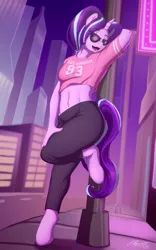 Size: 2500x4000 | Tagged: suggestive, artist:azzunyr, artist:calveen, derpibooru import, starlight glimmer, anthro, unguligrade anthro, unicorn, arm behind head, aviator glasses, belly button, bellyring, breasts, city, clothes, commission, female, leaning, leggings, looking at you, mare, midriff, night, open mouth, piercing, short shirt, solo, solo female, sunglasses