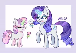 Size: 1700x1200 | Tagged: safe, artist:melliedraws, derpibooru import, rarity, sweetie belle, pony, unicorn, blank flank, duo, eyes closed, eyeshadow, female, filly, food, happy, ice cream, ice cream cone, magic, magic aura, makeup, mare, mole, newbie artist training grounds, open mouth, sibling bonding, siblings, sisterly love, sisters, telekinesis, wingding eyes