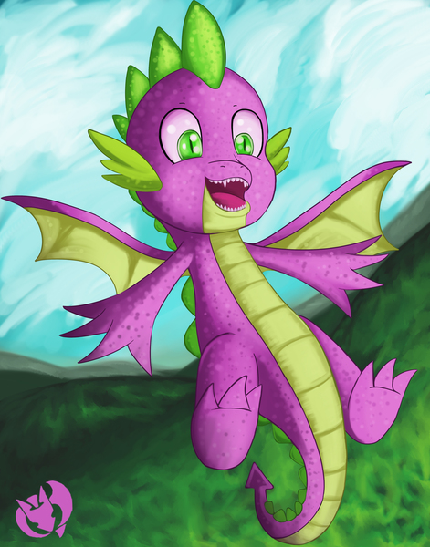 Size: 3300x4200 | Tagged: safe, artist:kenisu-of-dragons, derpibooru import, spike, dragon, molt down, cute, happy, high res, male, sky, solo, spikabetes, winged spike