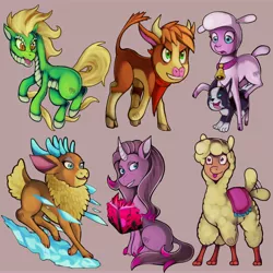 Size: 6400x6400 | Tagged: safe, artist:kenisu-of-dragons, derpibooru import, arizona cow, oleander (tfh), paprika paca, pom lamb, tianhuo, velvet reindeer, alpaca, cow, deer, dog, dragon, hybrid, longma, pony, reindeer, sheep, unicorn, them's fightin' herds, bandana, book, community related, female, fightin' six, ice, mare, pink background, simple background