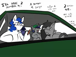 Size: 1600x1200 | Tagged: safe, artist:arrwulf, derpibooru import, oc, oc:constella kino, oc:echo, oc:halfmoon, oc:shuu, unofficial characters only, bat pony, pony, bat pony oc, bat wings, big smoke, car, carl johnson, drive thru, fangs, female, glasses, grand theft auto, group, gta san andreas, hat, male, mare, order, reference, ryder, simple background, spread wings, stallion, text, unamused, white background, wings
