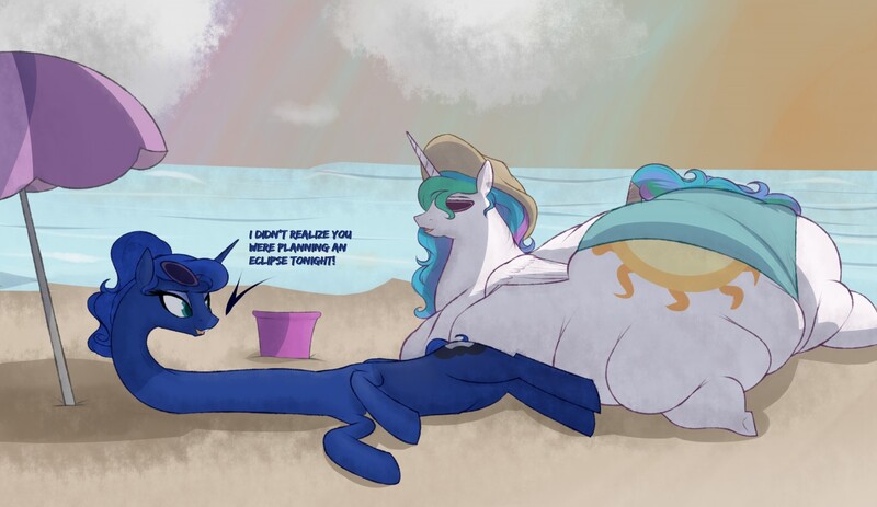 Size: 1280x741 | Tagged: questionable, artist:astr0zone, derpibooru import, princess celestia, princess luna, alicorn, pony, beach, bikini, bikini bottom, bucket, chubbylestia, clothes, dialogue, fat, female, hat, impossibly long neck, long neck, mare, morbidly obese, necc, obese, ocean, open mouth, princess luneck, prone, rolls of fat, royal fitness, royal sisters, shadow, siblings, side, sisters, smiling, stretched cutie mark, sunglasses, sunset, swimsuit, tail wrap, thighs, thunder thighs, umbrella, underhoof