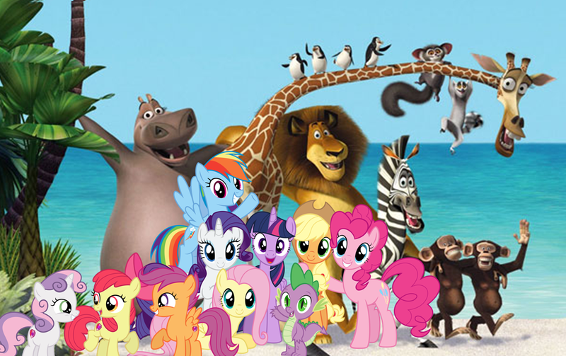 Size: 1148x722 | Tagged: safe, derpibooru import, edit, apple bloom, applejack, fluttershy, pinkie pie, rainbow dash, rarity, scootaloo, spike, sweetie belle, twilight sparkle, twilight sparkle (alicorn), alicorn, big cat, bird, chimpanzee, giraffe, hippopotamus, lemur, lion, penguin, pony, zebra, alex the lion, beach, cutie mark crusaders, gloria the hippo, king julien, madagascar (movie), mane seven, mane six, marty the zebra, mason & phil, maurice, melman the giraffe, ocean, penguins of madagascar