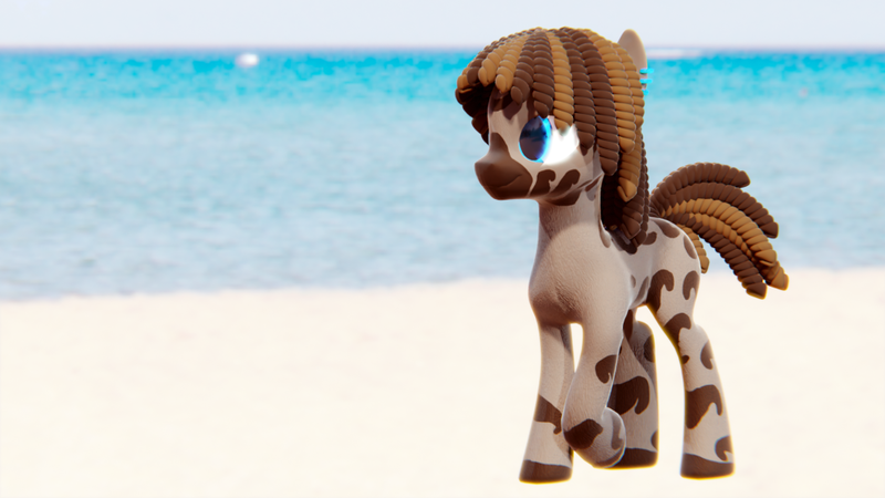 Size: 995x560 | Tagged: safe, artist:electedpony, artist:electrum18, derpibooru import, oc, oc:lighting zap, unofficial characters only, zebra, 3d, beach, blender, blender cycles, blue eyes, contrast, curly, dreadlocks, ear piercing, earring, image, jewelry, looking at something, male, ocean, one hoof raised, piercing, png, raised hoof, sand, smiling, solo, stallion, stripes, water, zebra oc