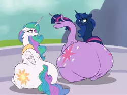 Size: 1280x962 | Tagged: suggestive, artist:astr0zone, derpibooru import, princess celestia, princess luna, twilight sparkle, twilight sparkle (alicorn), alicorn, pony, balcony, both cutie marks, bottom heavy, butt, chubbylestia, emulation, eyes closed, fat, female, floppy ears, huge butt, impossibly large butt, impossibly long neck, large butt, long neck, mare, necc, obese, open mouth, princess luneck, royal fitness, sitting, smiling, stretchy, sunbutt, surprised, the ass was fat, thighs, thunder thighs, trio, trio female, twibutt, twilard sparkle, wide eyes, wide hips