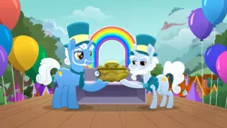 Size: 1920x1080 | Tagged: safe, derpibooru import, screencap, sunny smiles, pony, unicorn, rainbow roadtrip, balloon, duo, duo male, father and child, father and son, male, rainbow generator, stallion, sunny days, sunny skies' grandfather, the end of the rainbow