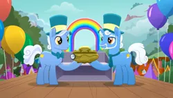 Size: 1920x1080 | Tagged: safe, derpibooru import, screencap, sunny skies, pony, unicorn, rainbow roadtrip, balloon, duo, duo male, father and child, father and son, male, rainbow generator, stallion, sunny days, the end of the rainbow