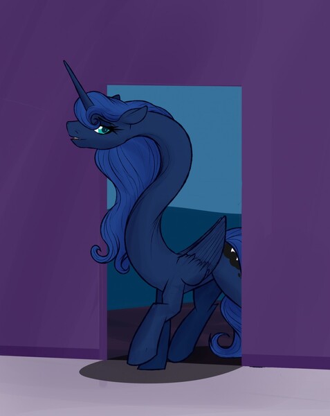 Size: 1017x1280 | Tagged: safe, artist:astr0zone, derpibooru import, princess luna, alicorn, pony, doorway, ducking, female, impossibly long neck, long neck, looking at you, mare, necc, open mouth, princess luneck, raised hoof, smiling, solo, stretchy, twisted neck