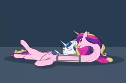 Size: 1280x845 | Tagged: safe, artist:astr0zone, derpibooru import, princess cadance, shining armor, alicorn, pony, unicorn, female, hoof on neck, husband and wife, impossibly long neck, long neck, looking at each other, lying on top of someone, male, mare, married couple, necc, neck brace, neck stretching, on back, one eye closed, open mouth, prone, relaxing, shiningcadance, shipping, smiling, stallion, straight, stretchy, twisted neck