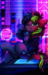 Size: 1936x2989 | Tagged: safe, artist:pridark, derpibooru import, oc, oc:inky, unofficial characters only, pony, unicorn, clothes, female, high res, jacket, looking at you, mare, neon, one eye closed, patreon, patreon reward, solo, tongue out