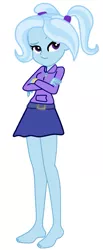 Size: 337x819 | Tagged: safe, artist:gmaplay, derpibooru import, edit, editor:thomasfan45, trixie, human, equestria girls, alternate hairstyle, arms folded, babysitter trixie, barefoot, belt, clothes, cute, feet, female, hoodie, legs, pigtails, simple background, skirt, smiling, smirk, solo, twintails, vector, white background