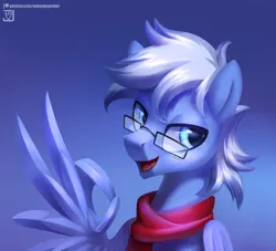 Size: 3300x3000 | Tagged: safe, artist:jedayskayvoker, derpibooru import, oc, oc:daily air, pegasus, pony, bust, clothes, cute, glasses, gradient background, handsome, high res, male, ok hand sign, okay, open mouth, scarf, solo, wing hands, wings, 👌