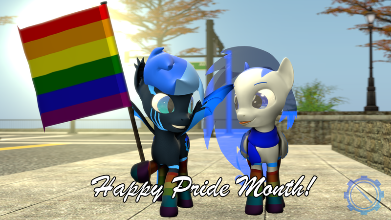Size: 3840x2160 | Tagged: safe, artist:technickarts, derpibooru import, oc, oc:comet chirico, oc:fate (technickarts), unofficial characters only, bat pony, 3d, bat pony oc, bat wings, couple, cute, gay pride flag, pride, pride flag, pride month, source filmmaker, tongue out, translucent mane, translucent tail, volumetric light, watermark, wings