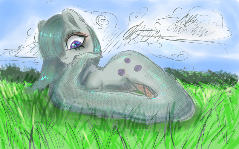 Size: 3200x2000 | Tagged: artist:taika403, biting, cloud, cute, danger noodle, derpibooru import, female, grass, lamia, lamiafied, marble pie, nom, original species, outdoors, safe, snake, snake pony, snek, solo, species swap, tail bite