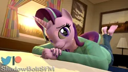 Size: 2880x1620 | Tagged: safe, artist:shadowboltsfm, derpibooru import, starlight glimmer, anthro, plantigrade anthro, unicorn, 3d, barefoot, bed, clothes, cute, eyelashes, feet, glimmerbetes, high res, jeans, laying on bed, looking at you, nail polish, on bed, pants, smiling, source filmmaker, the pose