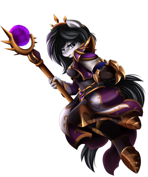 Size: 1024x1223 | Tagged: safe, artist:pridark, derpibooru import, oc, oc:lodey darkshine, unofficial characters only, anthro, earth pony, unguligrade anthro, armor, commission, eyeshadow, female, heroes of the storm, looking at you, makeup, simple background, solo, staff, transparent background