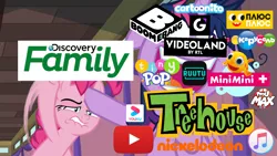 Size: 1920x1080 | Tagged: safe, derpibooru import, edit, edited screencap, screencap, pinkie pie, twilight sparkle, twilight sparkle (alicorn), alicorn, earth pony, pony, a trivial pursuit, boomerang, carousel (tv channel), cartoonito logo, discovery family, discovery family logo, itunes, meme, minimini, nc+ go, nickelodeon, plusplus, russia, ruutu, tfou max, tiny pop, treehouse logo, treehouse tv, videoland, youku, youtube