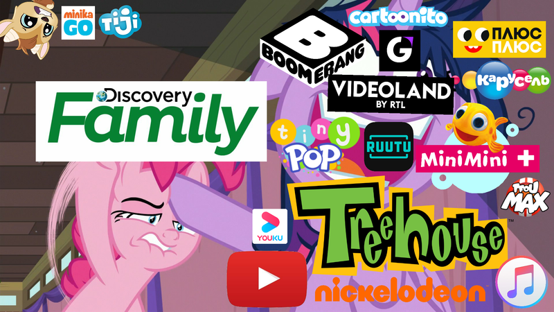 Size: 1920x1080 | Tagged: safe, derpibooru import, edit, edited screencap, screencap, pinkie pie, twilight sparkle, twilight sparkle (alicorn), alicorn, earth pony, pony, a trivial pursuit, boomerang, carousel (tv channel), cartoonito logo, discovery family, discovery family logo, itunes, littlest pet shop, littlest pet shop a world of our own, meme, minika go, minimini, nc+ go, nickelodeon, plusplus, quincy goatee, russia, ruutu, tfou max, tiji, tiny pop, treehouse logo, treehouse tv, videoland, youku, youtube