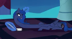 Size: 1280x699 | Tagged: safe, artist:astr0zone, derpibooru import, princess luna, alicorn, pony, book, cup, female, food, glowing horn, happy, hoof on neck, horn, impossibly long neck, levitation, long neck, looking at self, looking back, luna's room, magic, mare, massaging, necc, open mouth, princess luneck, prone, rubbing, smiling, solo, stretchy, tea, teacup, telekinesis