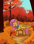 Size: 1185x1545 | Tagged: safe, artist:cyonixcymatro, derpibooru import, fluttershy, pegasus, pony, squirrel, acorn, atg 2020, autumn, clothes, duo, female, forest, looking at someone, looking down, mare, newbie artist training grounds, outdoors, raised hoof, scarf, smiling, spread wings, standing, tree, wings