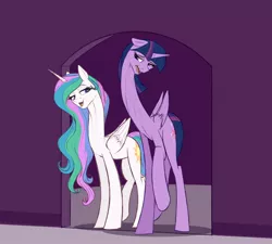 Size: 1280x1152 | Tagged: safe, artist:astr0zone, derpibooru import, princess celestia, twilight sparkle, twilight sparkle (alicorn), alicorn, pony, doorway, duo, duo female, female, impossibly long legs, impossibly long neck, lidded eyes, long legs, long neck, looking at each other, mare, necc, open mouth, princess necklestia, raised hoof, smiling, stretched, stretchy, tall