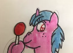 Size: 640x468 | Tagged: safe, artist:whistle blossom, deleted from derpibooru, derpibooru import, cozy glow, alicorn, pony, alternate universe, bust, candy, cozybetes, cute, female, filly, foal, food, freckles, lollipop, looking at you, marker drawing, simple background, smiling, smiling at you, solo, traditional art, whistleverse, white background