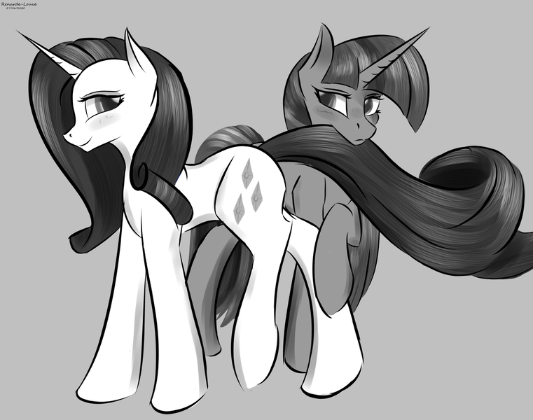 Size: 2000x1576 | Tagged: safe, artist:renarde-louve, derpibooru import, rarity, twilight sparkle, twilight sparkle (alicorn), alicorn, pony, unicorn, bedroom eyes, black and white, blushing, eyeshadow, female, gray background, grayscale, lesbian, makeup, mare, monochrome, rarilight, shipping, simple background, tail seduce