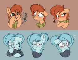 Size: 1982x1528 | Tagged: safe, artist:rexyseven, derpibooru import, oc, oc:rusty gears, oc:whispy slippers, unofficial characters only, earth pony, pony, blushing, clothes, crying, female, freckles, glasses, mare, sweater