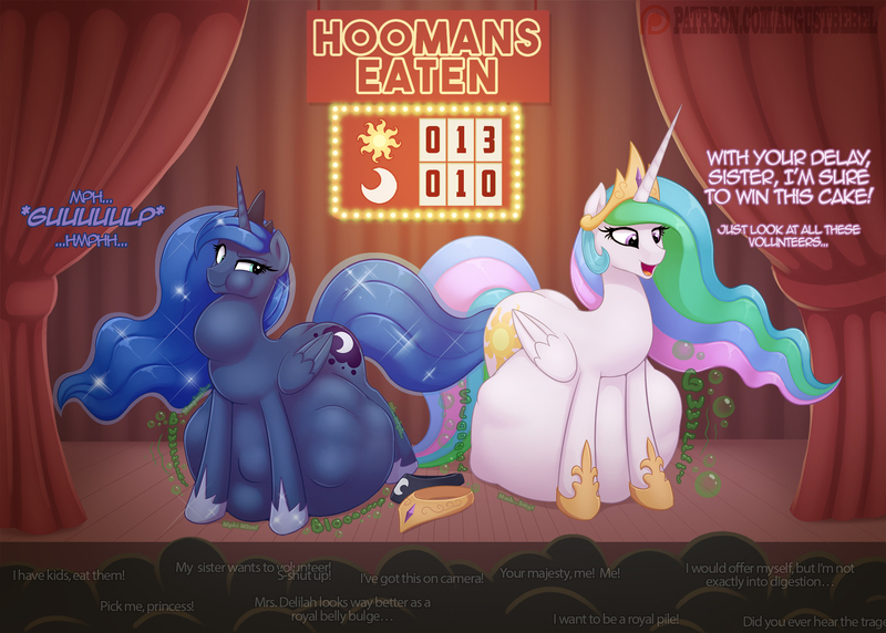 Size: 2000x1431 | Tagged: questionable, semi-grimdark, artist:augustbebel, derpibooru import, princess celestia, princess luna, alicorn, human, pony, belly, belly on floor, big belly, commission, crowd, dialogue, digestion, female, fetish, huge belly, human prey, humor, implied children, implied human child prey, implied scat, lunapred, mare, ponies eating humans, princess vorestia, stage, stomach noise, swallowing, throat bulge, volunteer, volunteering, vore, willing vore