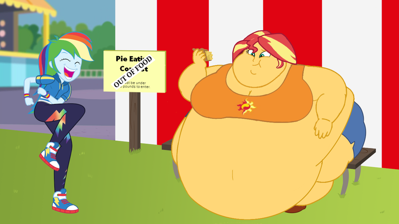 Size: 1280x720 | Tagged: safe, artist:neongothic, artist:skye lily, derpibooru import, edit, edited edit, rainbow dash, sunset shimmer, equestria girls, bbw, belly, big belly, eating, fat, huge belly, impossibly large belly, laughing, morbidly obese, obese, slobset shimmer, ssbbw