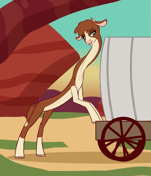 Size: 1099x1280 | Tagged: arizona cow, artist:astr0zone, bipedal, bipedal leaning, cart, community related, cow, derpibooru import, female, impossibly long body, impossibly long legs, impossibly long neck, leaning, lidded eyes, long legs, long neck, looking down, necc, open mouth, safe, smiling, smug, solo, stretched, stretchy, tall, them's fightin' herds, wagon