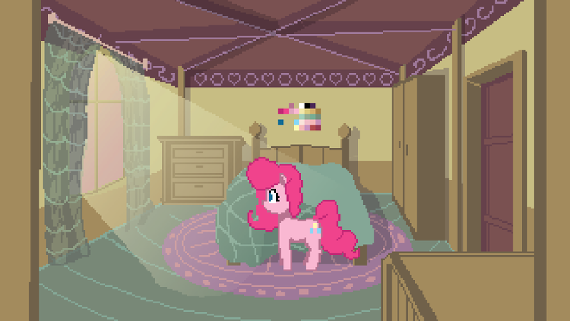 Size: 1280x720 | Tagged: safe, artist:husdur, derpibooru import, pinkie pie, earth pony, pony, bed, bedroom, critique requested, interior, pixel art