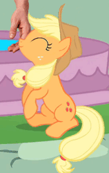 Size: 246x389 | Tagged: safe, derpibooru import, edit, edited screencap, editor:hotkinkajou, screencap, applejack, earth pony, human, pony, a bird in the hoof, animated, apple, applejack's hat, balancing, behaving like a cat, cowboy hat, cropped, cute, disembodied hand, female, food, hand, hat, hotkinkajou is trying to murder us, jackabetes, mare, nuzzling, perfect loop, petting, silly, silly pony, sitting, solo focus, who's a silly pony