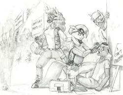 Size: 1400x1079 | Tagged: safe, artist:baron engel, derpibooru import, nurse redheart, oc, anthro, earth pony, unicorn, black lives matter, clothes, duffle bag, face mask, george floyd protests, grayscale, mask, medic, monochrome, open mouth, pants, pencil drawing, politics, protest, traditional art, vest