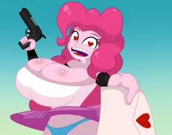 Size: 1400x1100 | Tagged: suggestive, artist:mashoart, derpibooru import, pinkie pie, equestria girls, big breasts, boob squish, breasts, busty pinkie pie, clothes, drool, female, gun, handgun, heart eyes, huge breasts, love letter, nipples, nudity, offscreen character, panties, pistol, pov, skirt, skirt lift, solo, solo female, underwear, upskirt, weapon, wingding eyes, yandere, yandere pie