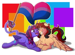 Size: 3000x2200 | Tagged: safe, artist:jack-pie, derpibooru import, oc, unofficial characters only, pegasus, pony, colored wings, duo, flag, high res, multicolored wings, one eye closed, open mouth, pride flag, pride month, smiling, teeth, wings