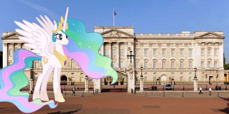 Size: 1280x637 | Tagged: safe, artist:bobsicle0, artist:princesslunayay, derpibooru import, princess celestia, alicorn, human, pony, britain, buckingham palace, deviantart, deviantart watermark, england, female, gate, giant ponies in real life, giant pony, giantess, giantlestia, irl, irl human, london, macro, mare, obtrusive watermark, photo, united kingdom, vector, watermark