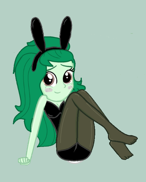 Size: 480x598 | Tagged: suggestive, derpibooru import, editor:bandgeek32, wallflower blush, equestria girls, breasts, bunny suit, clothes, freckles, leggy, legs raised, pantyhose, sexy