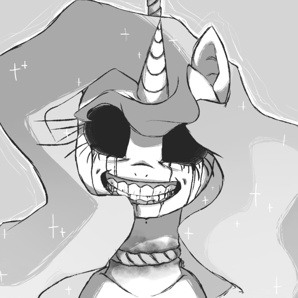 Size: 1000x1000 | Tagged: artist:ipoloarts, asphyxiation, black and white, dark, derpibooru import, grayscale, monochrome, princess celestia, semi-grimdark, suffocating, zalgo