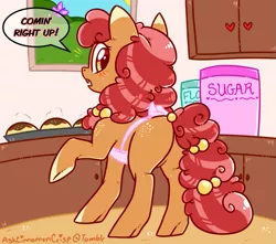 Size: 805x712 | Tagged: safe, artist:esmeia, derpibooru import, oc, oc:cinnamon crisp, unofficial characters only, earth pony, pony, apron, clothes, colored, earth pony oc, female, kitchen, mare, naked apron, raised hoof