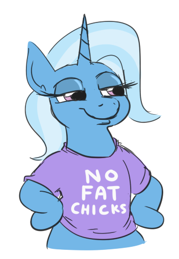 Size: 352x508 | Tagged: safe, artist:jargon scott, derpibooru import, trixie, pony, unicorn, clothes, female, lidded eyes, mare, shirt, smiling, smug, solo, t-shirt