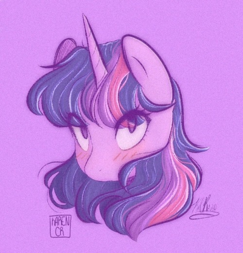 Size: 500x519 | Tagged: safe, artist:latiatonta, derpibooru import, twilight sparkle, pony, blushing, bust, cute, eye clipping through hair, female, head only, mare, portrait, purple background, simple background, solo, twiabetes