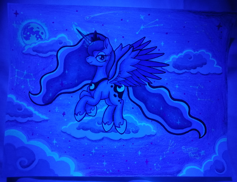 Size: 4626x3564 | Tagged: safe, alternate version, artist:serenepony, deleted from derpibooru, derpibooru import, princess luna, alicorn, pony, armor, cloud, constellation, crown, ethereal mane, female, flying, jewelry, magic, mare, moon, night, night sky, photo, regalia, sky, solo, stars, traditional art, ultraviolet, ultraviolet light