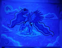 Size: 4626x3564 | Tagged: safe, alternate version, artist:serenepony, deleted from derpibooru, derpibooru import, princess luna, alicorn, pony, armor, cloud, constellation, crown, ethereal mane, female, flying, jewelry, magic, mare, moon, night, night sky, photo, regalia, sky, solo, stars, traditional art, ultraviolet, ultraviolet light